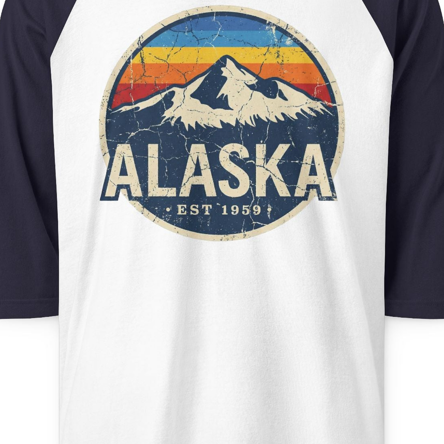 Alaska Vintage 3/4 sleeve shirt 3/4 Sleeve Raglan Shirt – White/Navy – Alaska Cruise Shirts Close Up