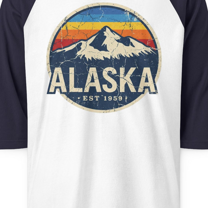 Alaska Vintage 3/4 sleeve shirt 3/4 Sleeve Raglan Shirt – White/Navy – Alaska Cruise Shirts Close Up