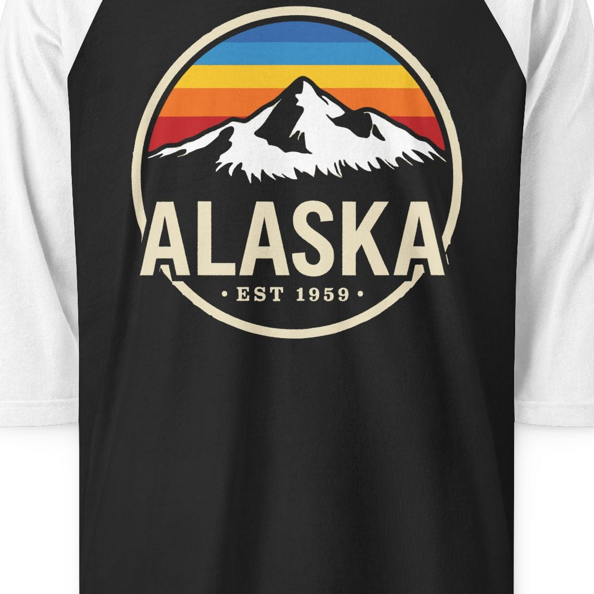 Alaska Vintage Mountain Sunset Shirt 3/4 Sleeve Raglan Shirt – Black/White – Alaska Cruise Shirts Close Up