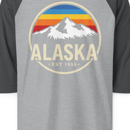 Alaska Vintage Mountain Sunset Shirt 3/4 Sleeve Raglan Shirt – Heather Grey/Heather Charcoal – Alaska Cruise Shirts Close Up