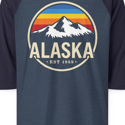 Alaska Vintage Mountain Sunset Shirt 3/4 Sleeve Raglan Shirt – Heather Denim/Navy – Alaska Cruise Shirts Close Up