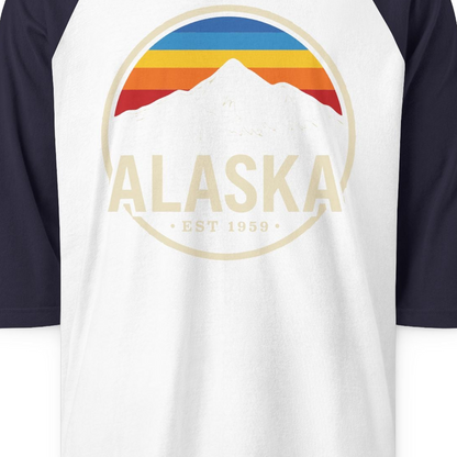 Alaska Vintage Mountain Sunset Shirt 3/4 Sleeve Raglan Shirt – White/Navy – Alaska Cruise Shirts Close Up