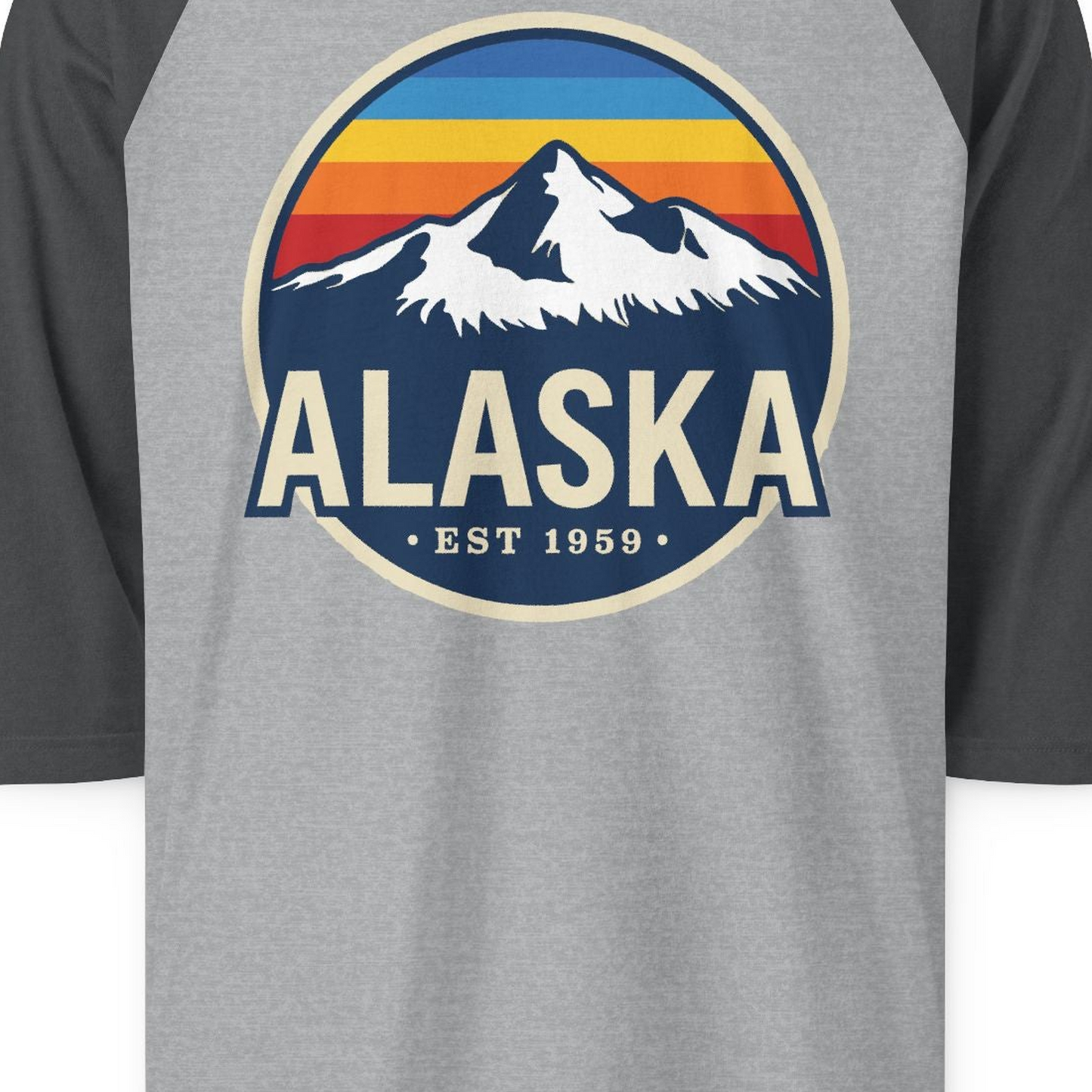Alaska Vintage Shirt 3/4 Sleeve Raglan Shirt – Heather Grey/Heather Charcoal – Alaska Cruise Shirts Close Up