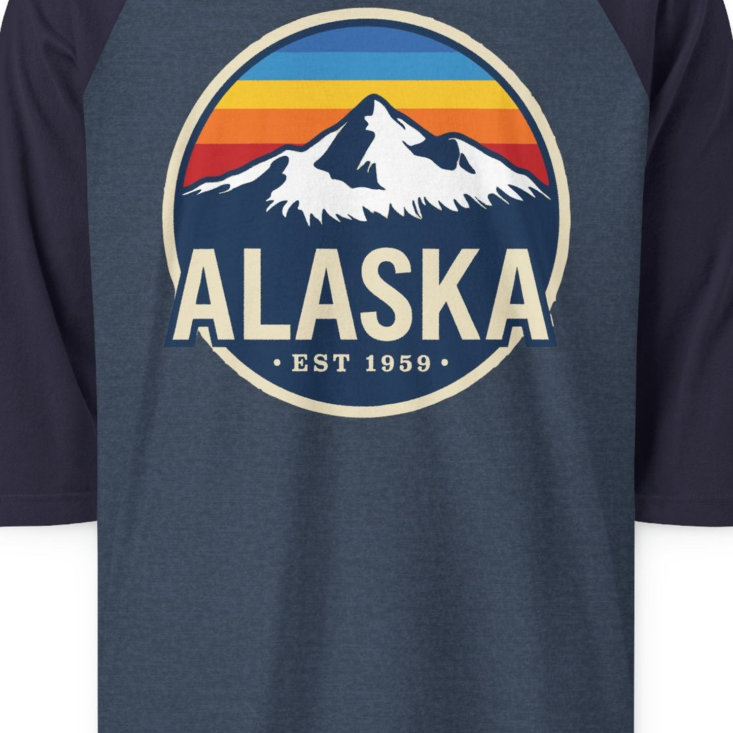Alaska Vintage Shirt 3/4 Sleeve Raglan Shirt – Heather Denim/Navy – Alaska Cruise Shirts Close Up