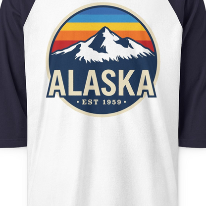 Alaska Vintage Shirt 3/4 Sleeve Raglan Shirt – White/Navy – Alaska Cruise Shirts Close Up