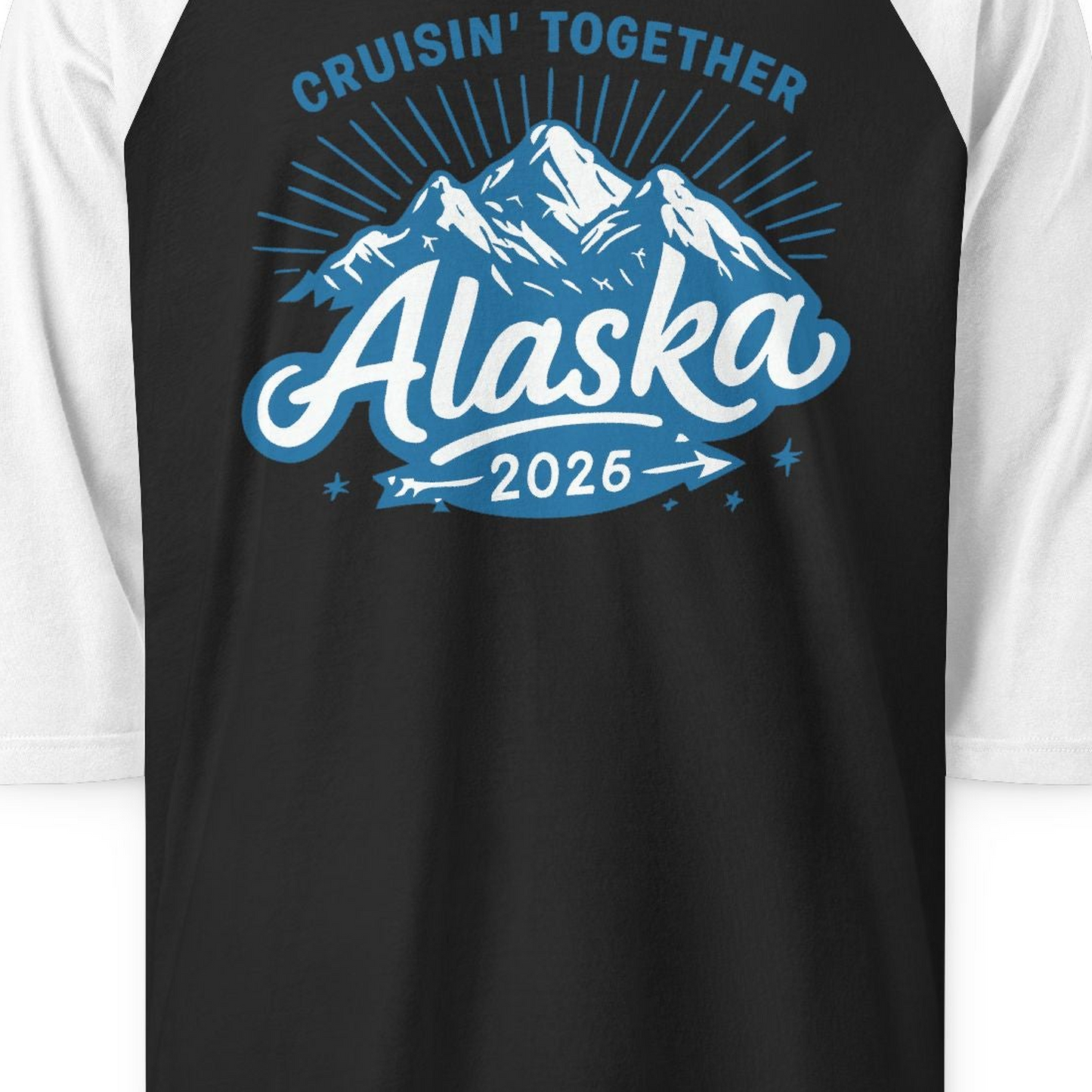 Alaska Cruise Mountains Adventure 3/4 sleeve shirt 3/4 Sleeve Raglan Shirt – Black/White – Alaska Cruise Shirts Close Up