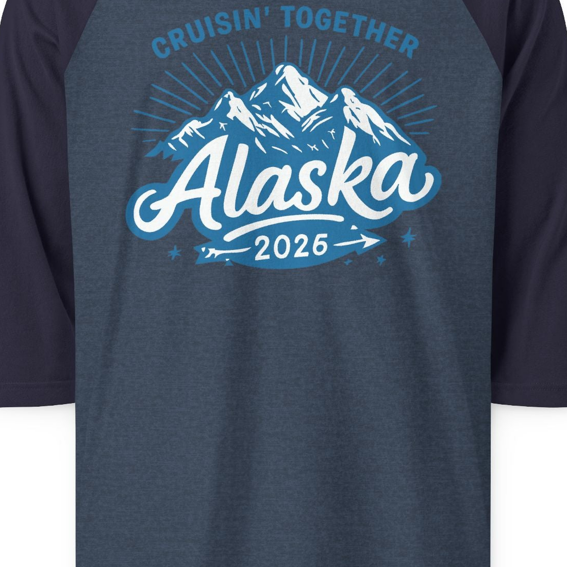 Alaska Cruise Mountains Adventure 3/4 sleeve shirt 3/4 Sleeve Raglan Shirt – Heather Denim/Navy – Alaska Cruise Shirts Close Up