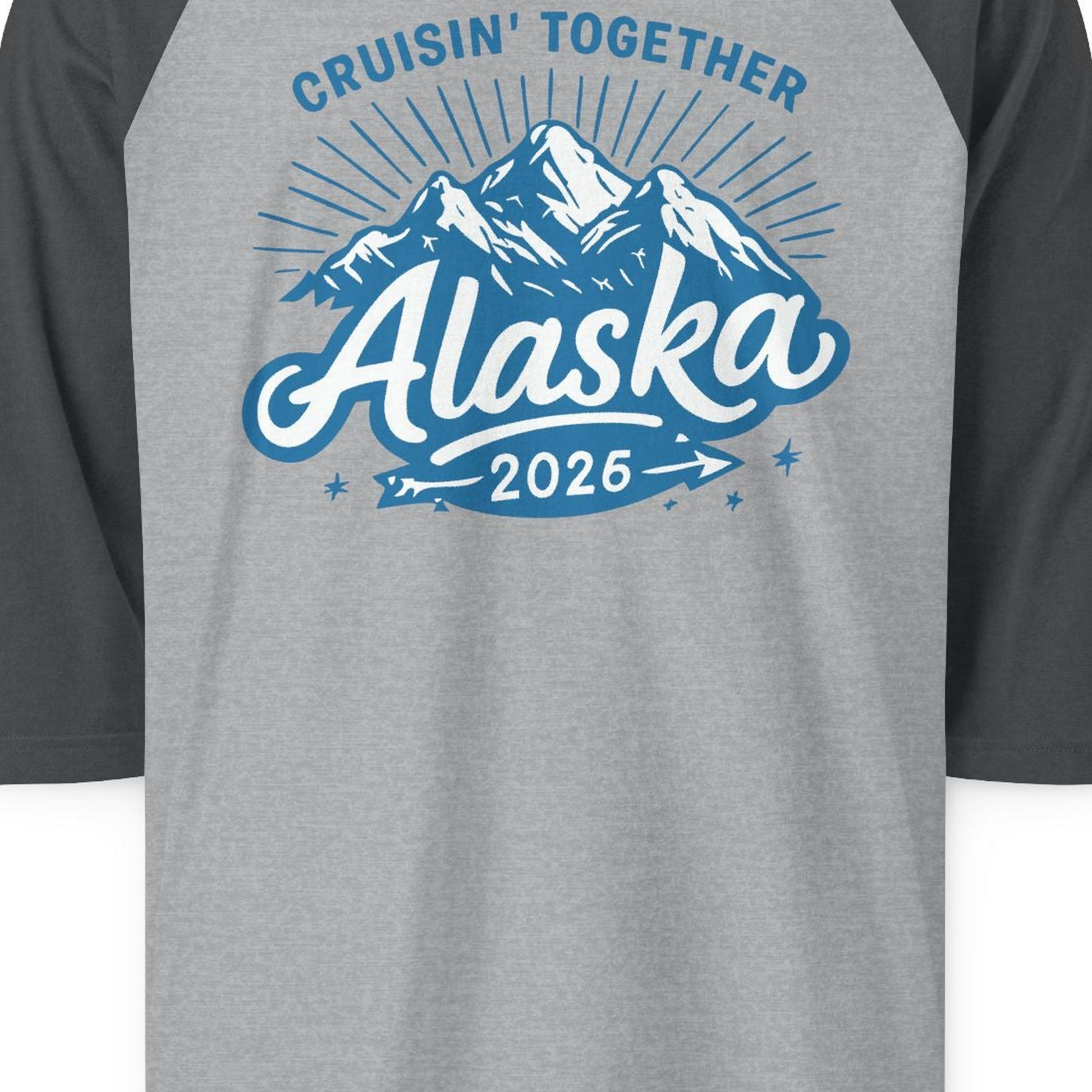 Alaska Cruise Mountains Adventure 3/4 sleeve shirt 3/4 Sleeve Raglan Shirt – Heather Grey/Heather Charcoal – Alaska Cruise Shirts Close Up