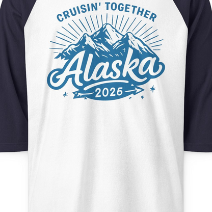 Alaska Cruise Mountains Adventure 3/4 sleeve shirt 3/4 Sleeve Raglan Shirt – White/Navy – Alaska Cruise Shirts Close Up