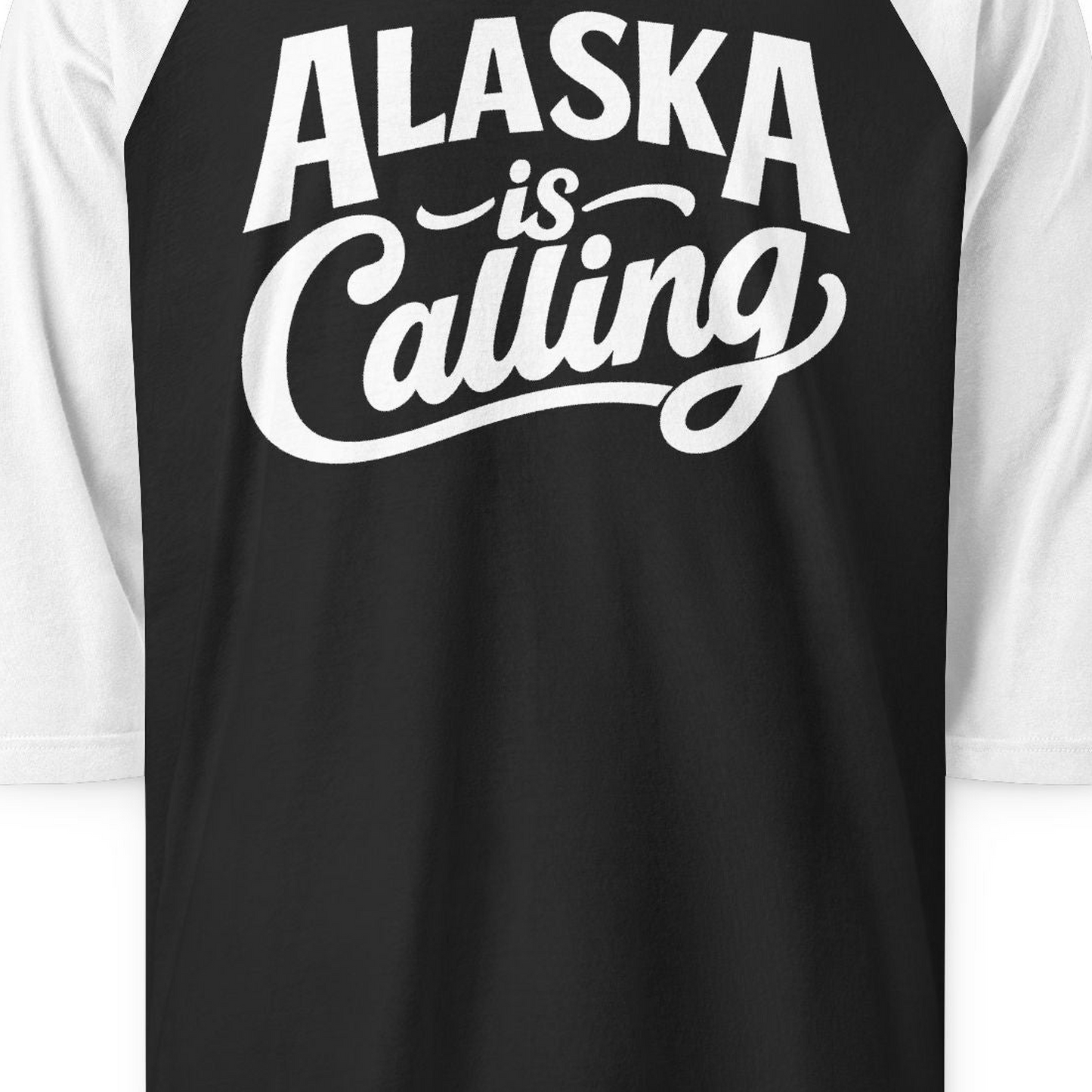 Alaska Is Calling 3/4 sleeve shirt 3/4 Sleeve Raglan Shirt – Black/White – Alaska Cruise Shirts Close Up