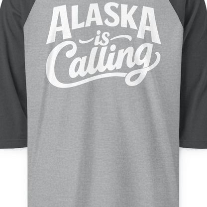 Alaska Is Calling 3/4 sleeve shirt 3/4 Sleeve Raglan Shirt – Heather Grey/Heather Charcoal – Alaska Cruise Shirts Close Up