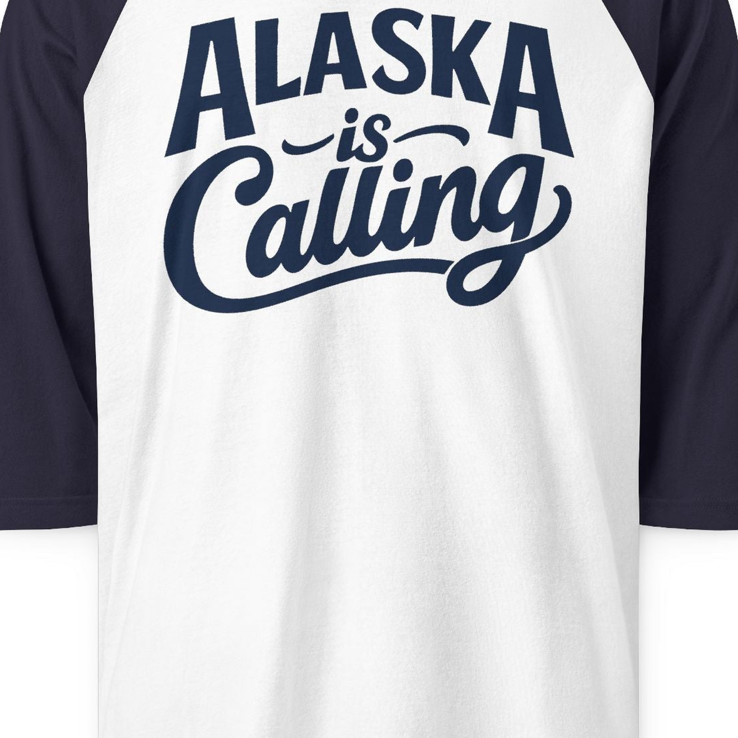 Alaska Is Calling 3/4 sleeve shirt 3/4 Sleeve Raglan Shirt – White/Navy – Alaska Cruise Shirts Close Up