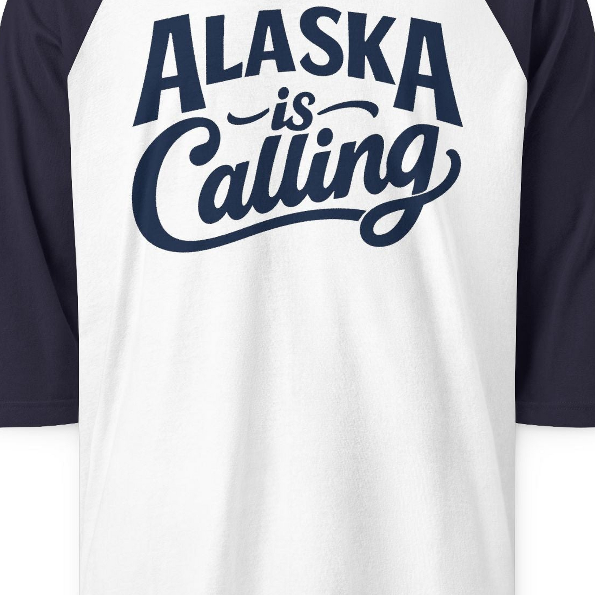 Alaska Is Calling 3/4 sleeve shirt 3/4 Sleeve Raglan Shirt – White/Navy – Alaska Cruise Shirts Close Up