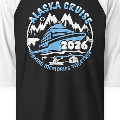 Alaska Cruise 2026 Family Adventure Shirt with Wildlife and Nature — 3/4 Sleeve 3/4 Sleeve Raglan Shirt – Black/White – Alaska Cruise Shirts Close Up