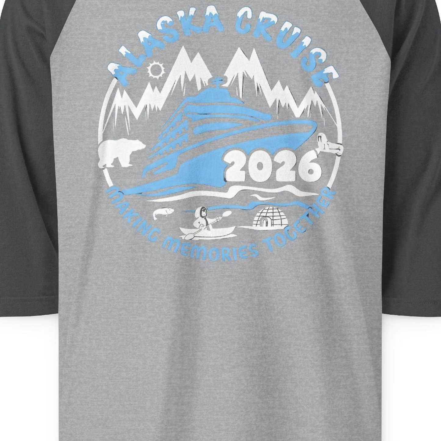Alaska Cruise 2026 Family Adventure Shirt with Wildlife and Nature — 3/4 Sleeve 3/4 Sleeve Raglan Shirt – Heather Grey/Heather Charcoal – Alaska Cruise Shirts Close Up