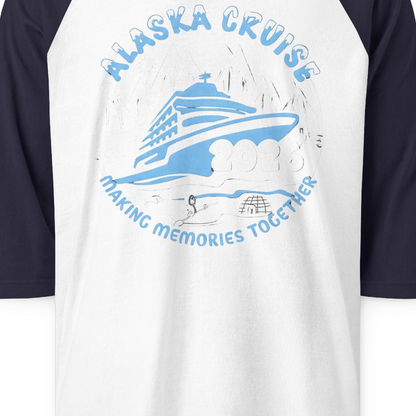 Alaska Cruise 2026 Family Adventure Shirt with Wildlife and Nature — 3/4 Sleeve 3/4 Sleeve Raglan Shirt – White/Navy – Alaska Cruise Shirts Close Up