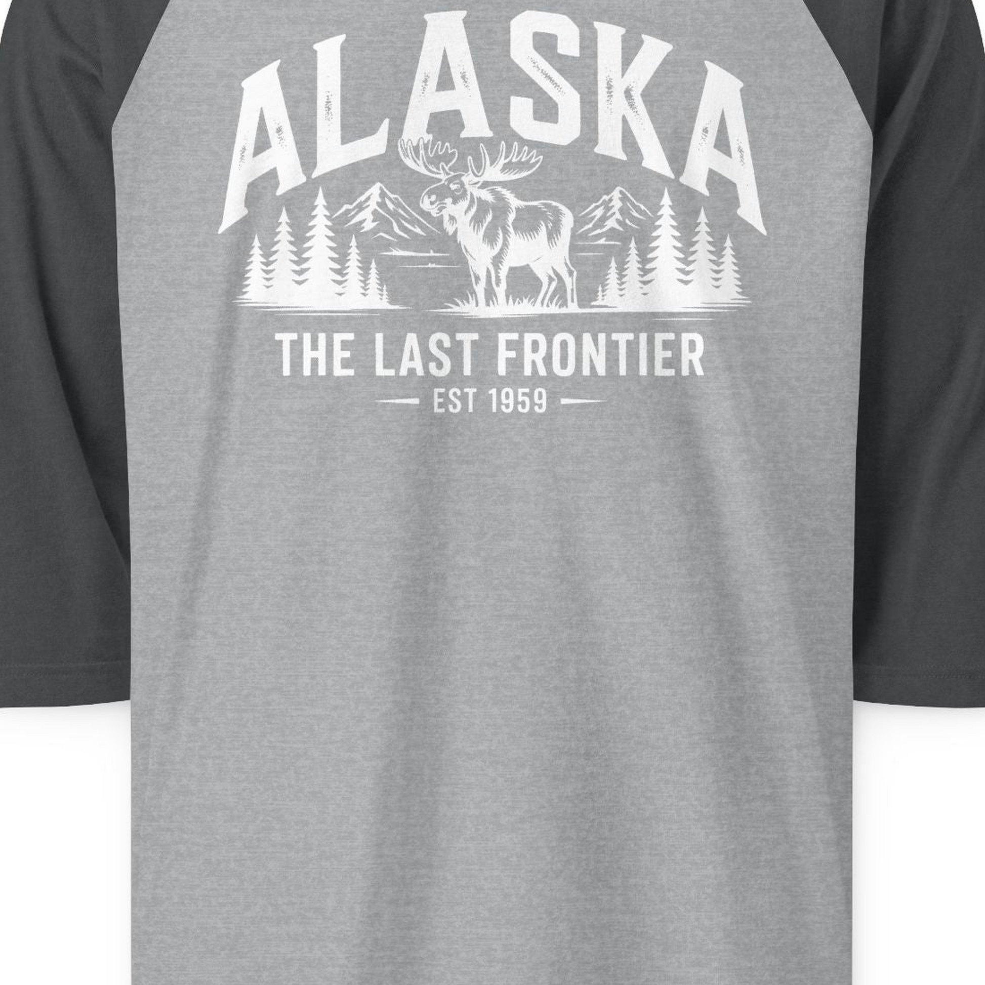 Alaska The Last Frontier Moose Mountain Wilderness Graphic Shirt — 3/4 Sleeve 3/4 Sleeve Raglan Shirt – Heather Grey/Heather Charcoal – Alaska Cruise Shirts Close Up