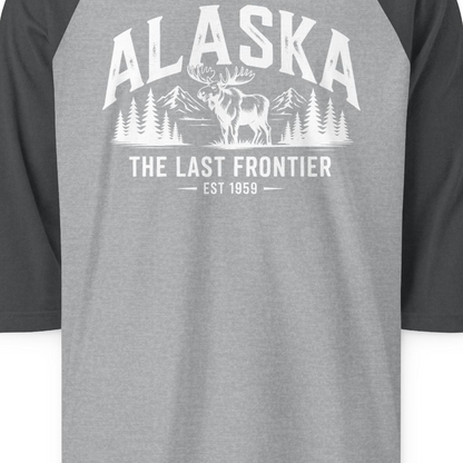 Alaska The Last Frontier Moose Mountain Wilderness Graphic Shirt — 3/4 Sleeve 3/4 Sleeve Raglan Shirt – Heather Grey/Heather Charcoal – Alaska Cruise Shirts Close Up