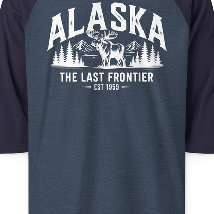 Alaska The Last Frontier Moose Mountain Wilderness Graphic Shirt — 3/4 Sleeve 3/4 Sleeve Raglan Shirt – Heather Denim/Navy – Alaska Cruise Shirts Close Up