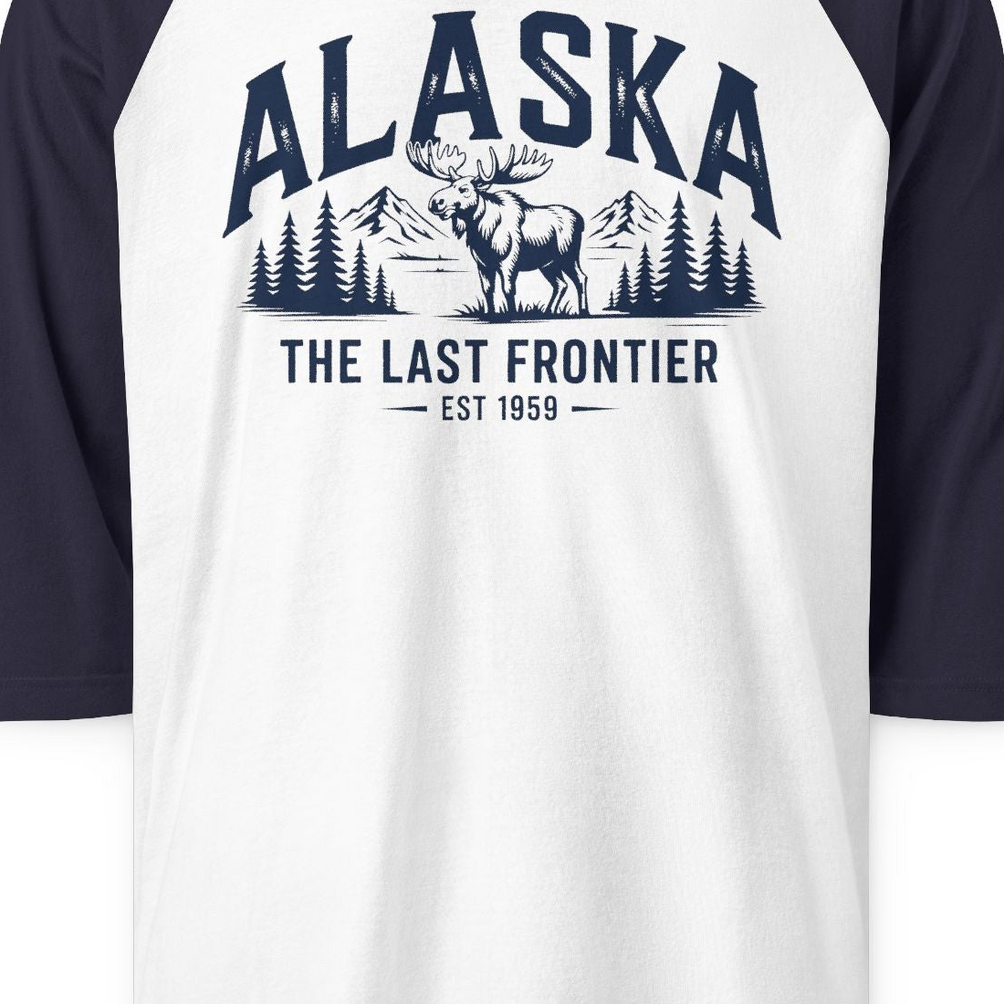 Alaska The Last Frontier Moose Mountain Wilderness Graphic Shirt — 3/4 Sleeve 3/4 Sleeve Raglan Shirt – White/Navy – Alaska Cruise Shirts Close Up