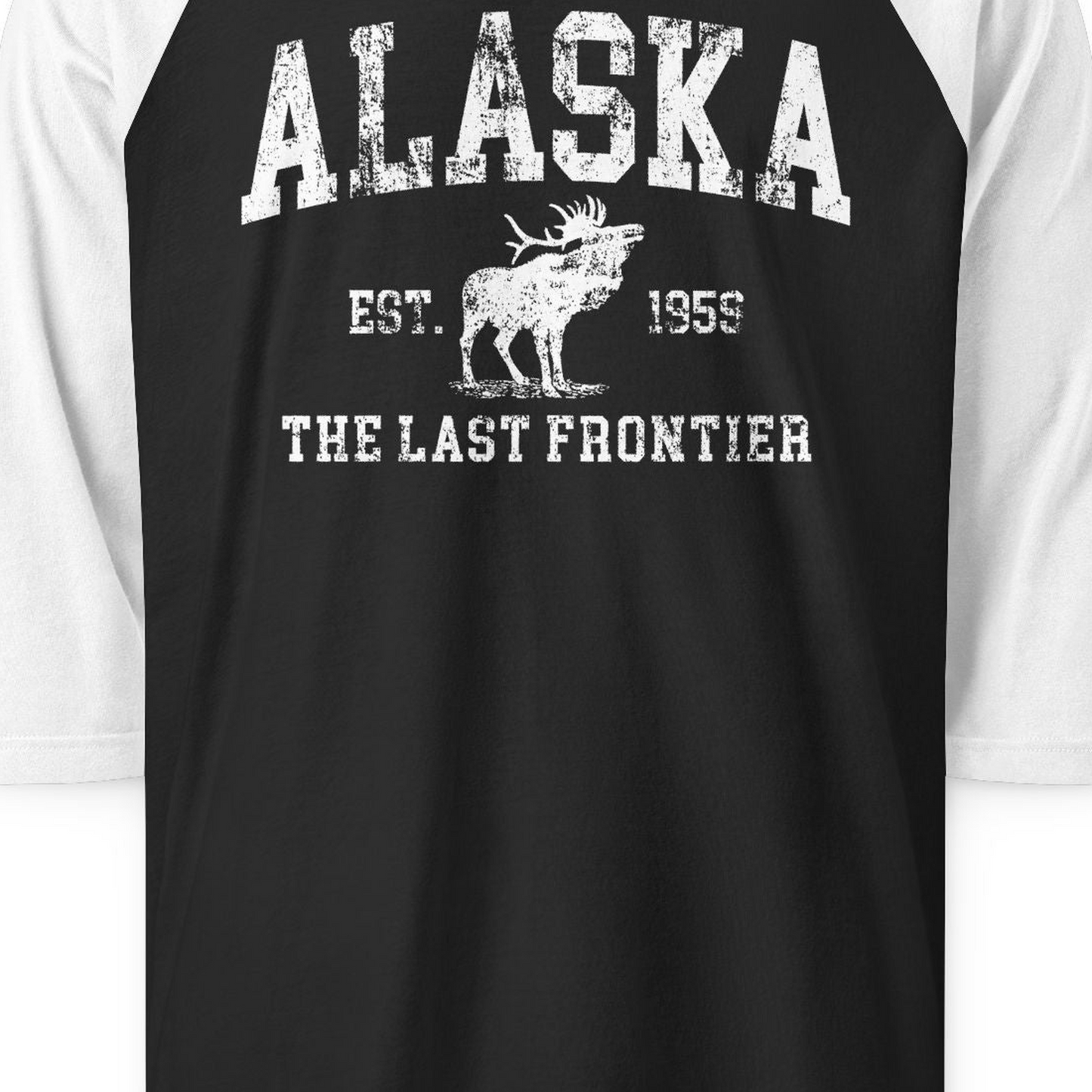 Vintage Alaska Moose Shirt 3/4 Sleeve Raglan Shirt – Black/White – Alaska Cruise Shirts Close Up