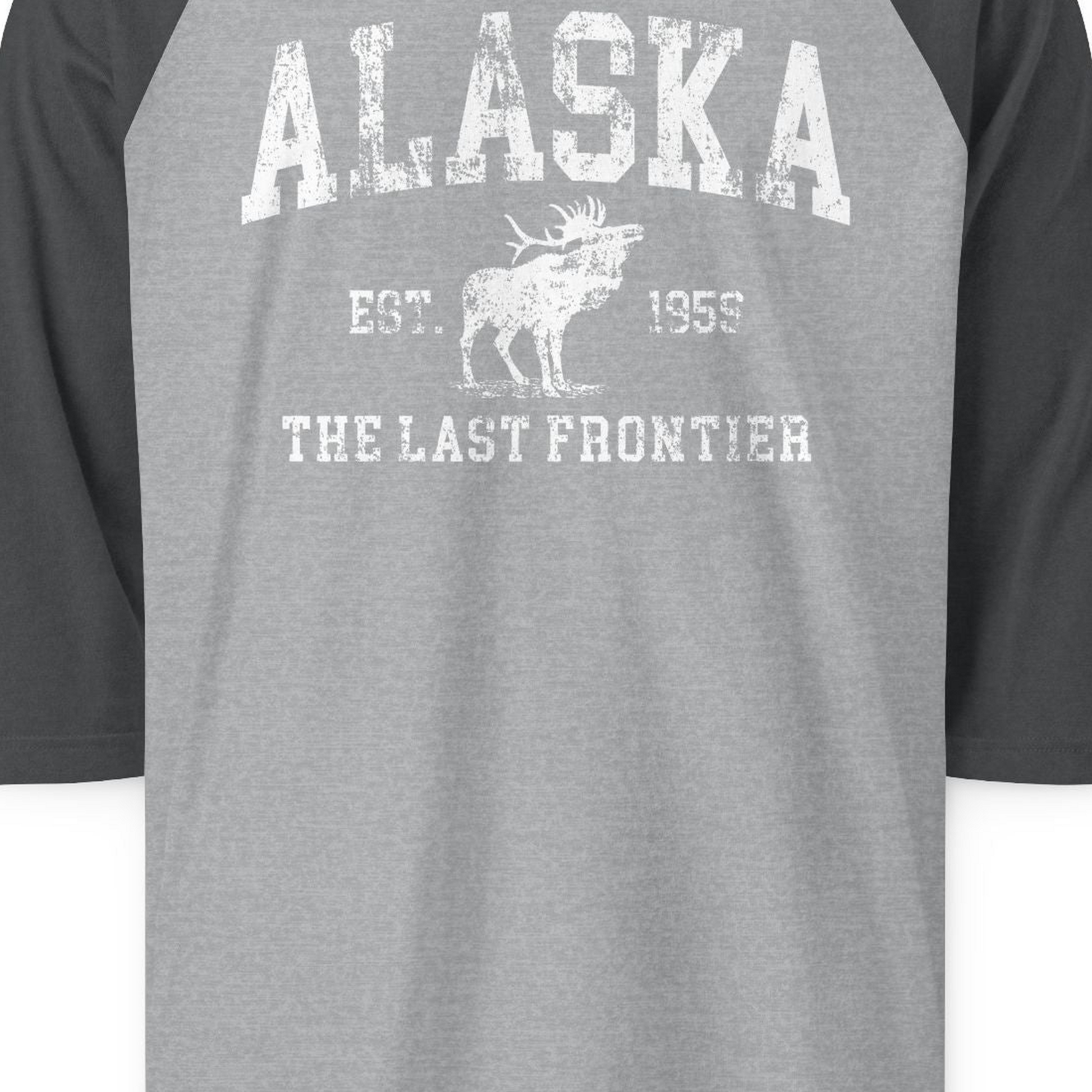 Vintage Alaska Moose Shirt 3/4 Sleeve Raglan Shirt – Heather Grey/Heather Charcoal – Alaska Cruise Shirts Close Up