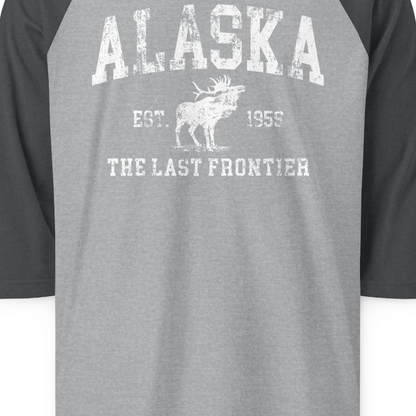 Vintage Alaska Moose Shirt 3/4 Sleeve Raglan Shirt – Heather Grey/Heather Charcoal – Alaska Cruise Shirts Close Up