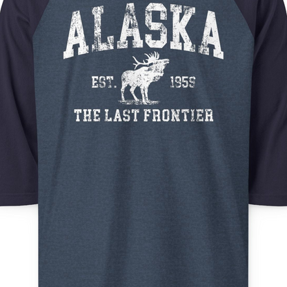 Vintage Alaska Moose Shirt 3/4 Sleeve Raglan Shirt – Heather Denim/Navy – Alaska Cruise Shirts Close Up