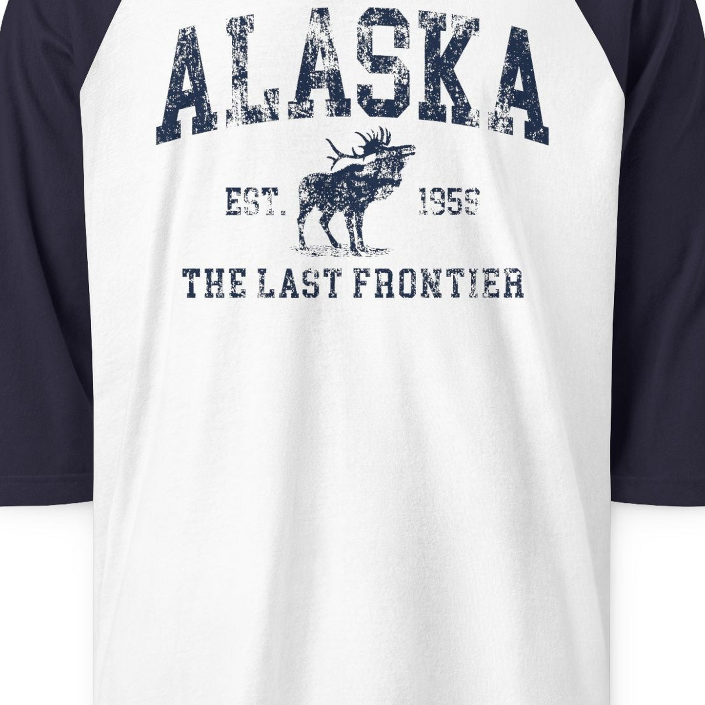 Vintage Alaska Moose Shirt 3/4 Sleeve Raglan Shirt – White/Navy – Alaska Cruise Shirts Close Up