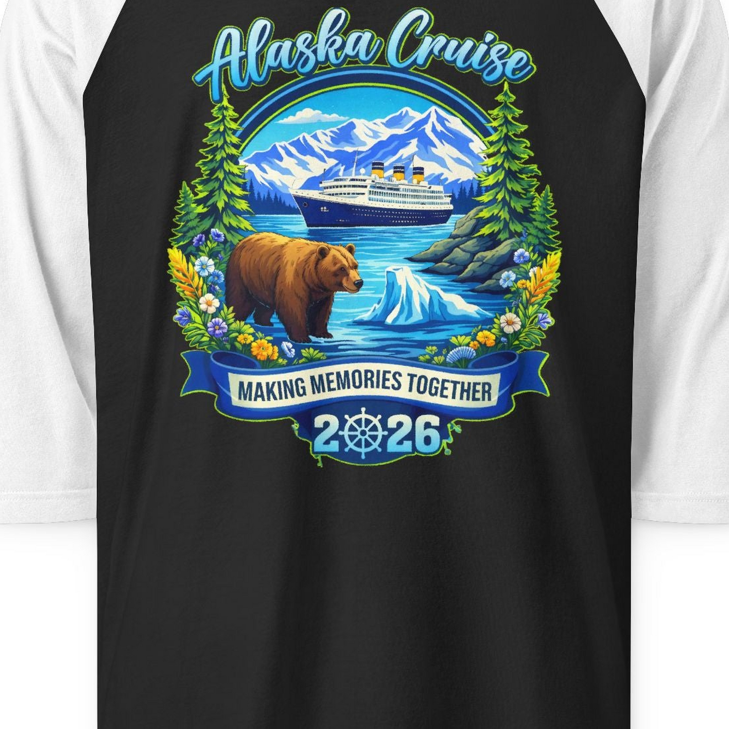 Alaska Cruise 2026 Family 3/4 sleeve shirt 3/4 Sleeve Raglan Shirt – Black/White – Alaska Cruise Shirts Close Up
