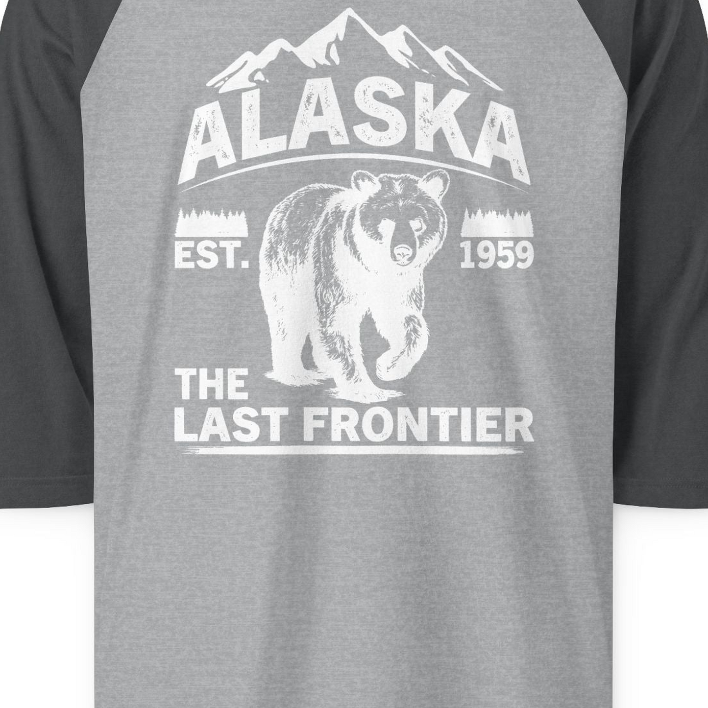 Alaska Bear Shirt 3/4 Sleeve Raglan Shirt – Heather Grey/Heather Charcoal – Alaska Cruise Shirts Close Up