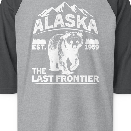 Alaska Bear Shirt 3/4 Sleeve Raglan Shirt – Heather Grey/Heather Charcoal – Alaska Cruise Shirts Close Up