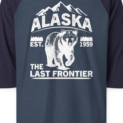 Alaska Bear Shirt 3/4 Sleeve Raglan Shirt – Heather Denim/Navy – Alaska Cruise Shirts Close Up