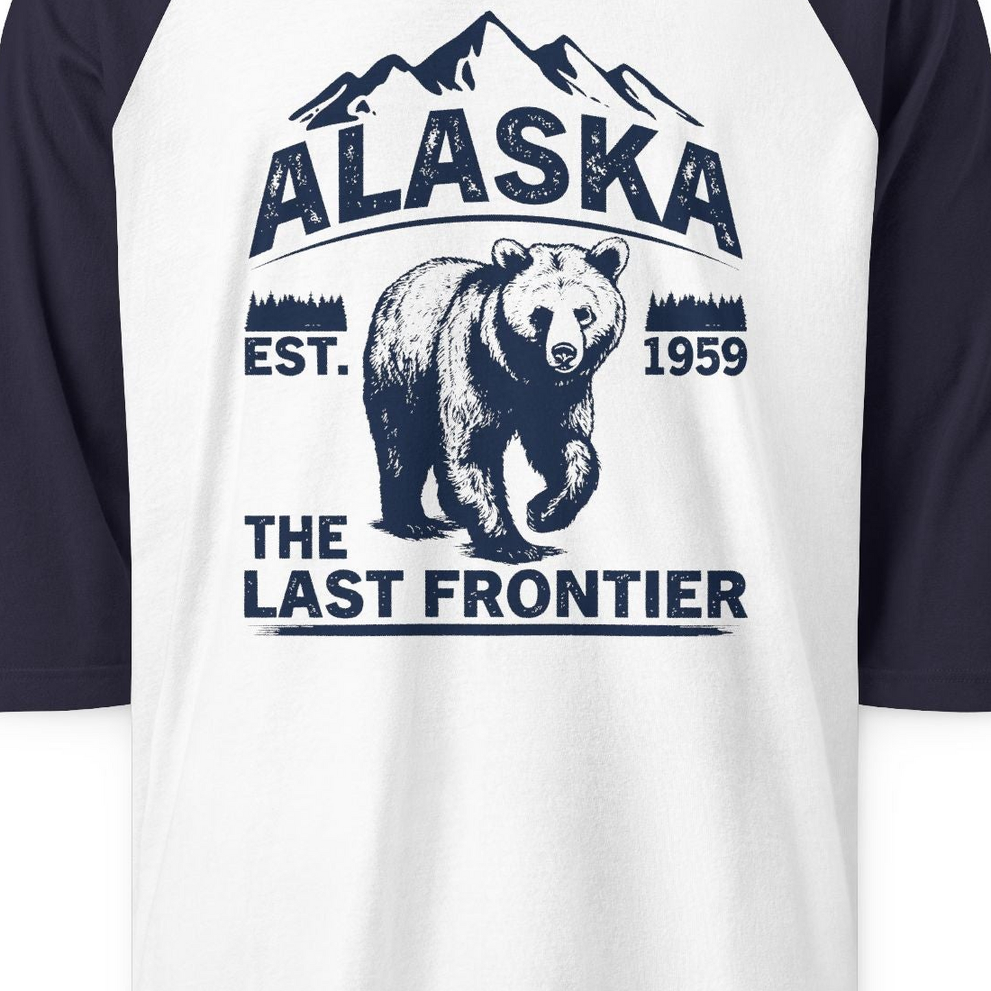 Alaska Bear Shirt 3/4 Sleeve Raglan Shirt – White/Navy – Alaska Cruise Shirts Close Up