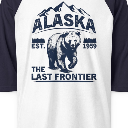 Alaska Bear Shirt 3/4 Sleeve Raglan Shirt – White/Navy – Alaska Cruise Shirts Close Up