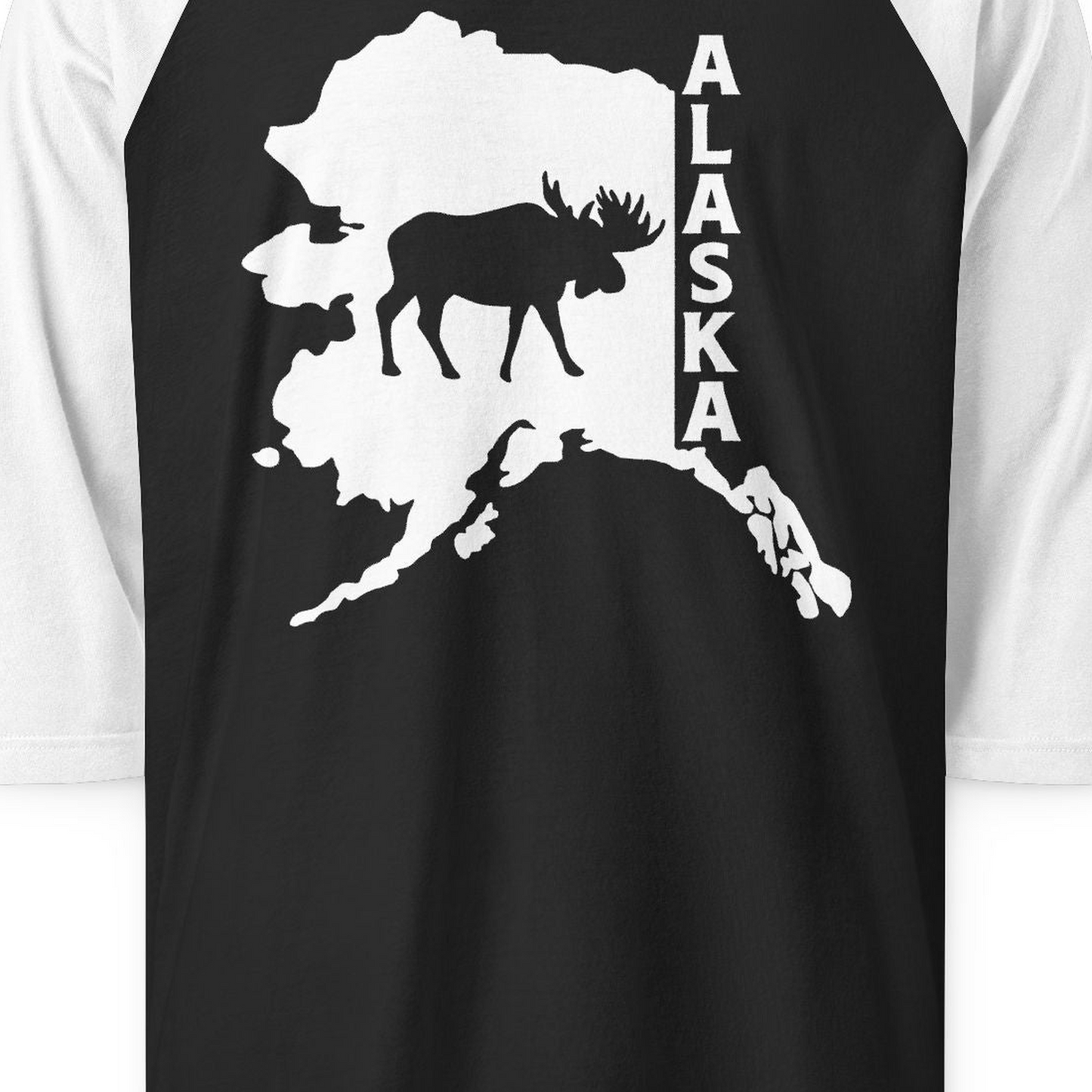 Alaska Moose Silhouette Shirt 3/4 Sleeve Raglan Shirt – Black/White – Alaska Cruise Shirts Close Up
