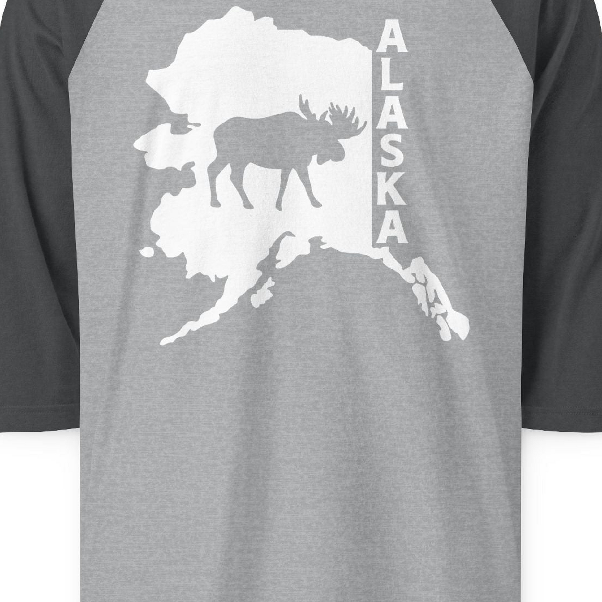 Alaska Moose Silhouette Shirt 3/4 Sleeve Raglan Shirt – Heather Grey/Heather Charcoal – Alaska Cruise Shirts Close Up