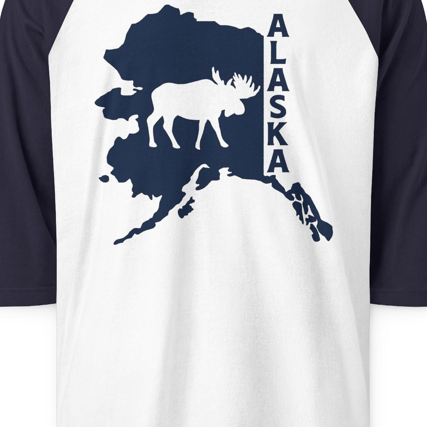 Alaska Moose Silhouette Shirt 3/4 Sleeve Raglan Shirt – White/Navy – Alaska Cruise Shirts Close Up