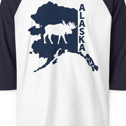 Alaska Moose Silhouette Shirt 3/4 Sleeve Raglan Shirt – White/Navy – Alaska Cruise Shirts Close Up