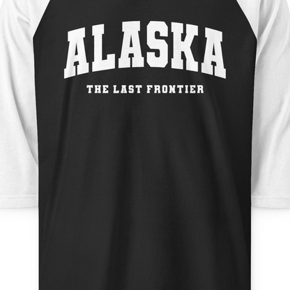 Alaska The Last Frontier Bold Collegiate Vintage State Pride Shirt — 3/4 Sleeve 3/4 Sleeve Raglan Shirt – Black/White – Alaska Cruise Shirts Close Up