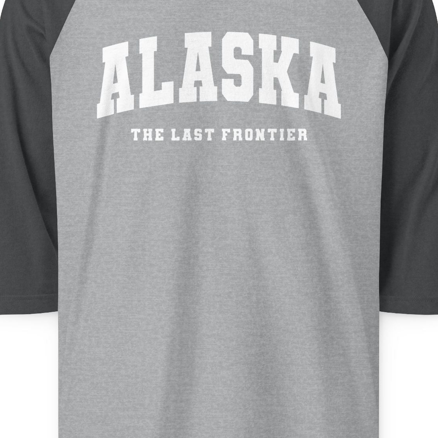 Alaska The Last Frontier Bold Collegiate Vintage State Pride Shirt — 3/4 Sleeve 3/4 Sleeve Raglan Shirt – Heather Grey/Heather Charcoal – Alaska Cruise Shirts Close Up