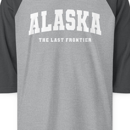 Alaska The Last Frontier Bold Collegiate Vintage State Pride Shirt — 3/4 Sleeve 3/4 Sleeve Raglan Shirt – Heather Grey/Heather Charcoal – Alaska Cruise Shirts Close Up