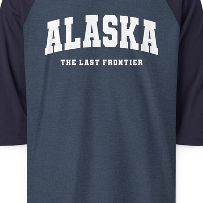 Alaska The Last Frontier Bold Collegiate Vintage State Pride Shirt — 3/4 Sleeve 3/4 Sleeve Raglan Shirt – Heather Denim/Navy – Alaska Cruise Shirts Close Up