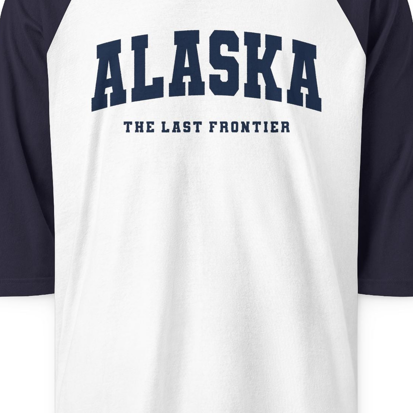 Alaska The Last Frontier Bold Collegiate Vintage State Pride Shirt — 3/4 Sleeve 3/4 Sleeve Raglan Shirt – White/Navy – Alaska Cruise Shirts Close Up
