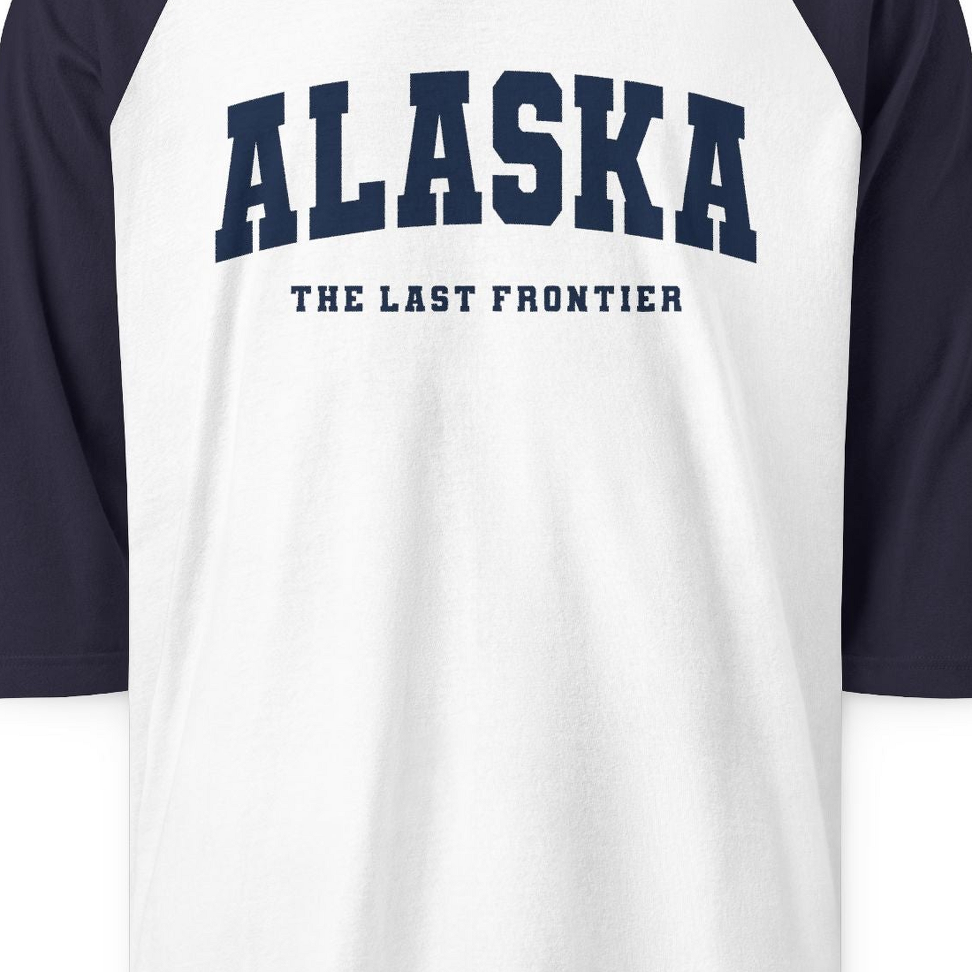 Alaska The Last Frontier Bold Collegiate Vintage State Pride Shirt — 3/4 Sleeve 3/4 Sleeve Raglan Shirt – White/Navy – Alaska Cruise Shirts Close Up