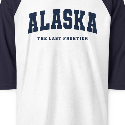 Alaska The Last Frontier Bold Collegiate Vintage State Pride Shirt — 3/4 Sleeve 3/4 Sleeve Raglan Shirt – White/Navy – Alaska Cruise Shirts Close Up