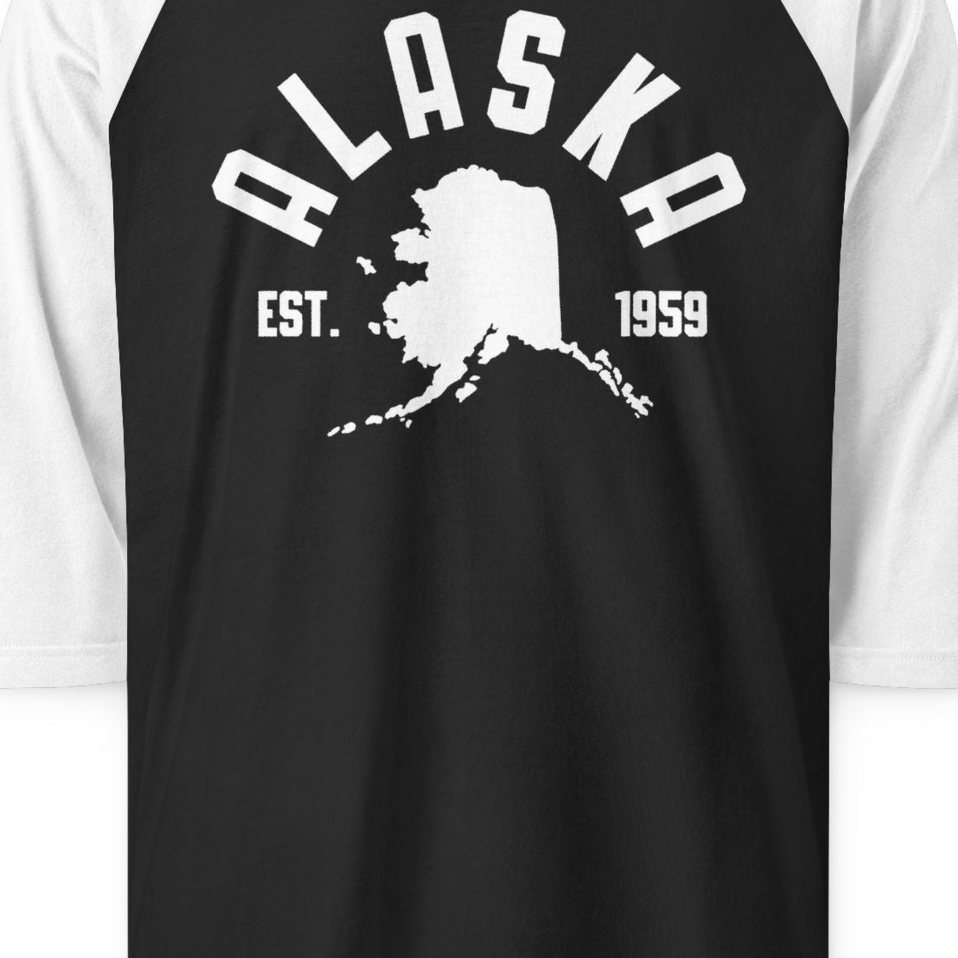 Vintage Alaska State Outline Est 1959 Retro Collegiate Shirt — 3/4 Sleeve 3/4 Sleeve Raglan Shirt – Black/White – Alaska Cruise Shirts Close Up