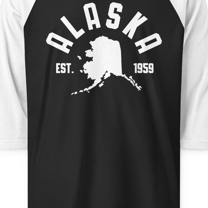 Vintage Alaska State Outline Est 1959 Retro Collegiate Shirt — 3/4 Sleeve 3/4 Sleeve Raglan Shirt – Black/White – Alaska Cruise Shirts Close Up