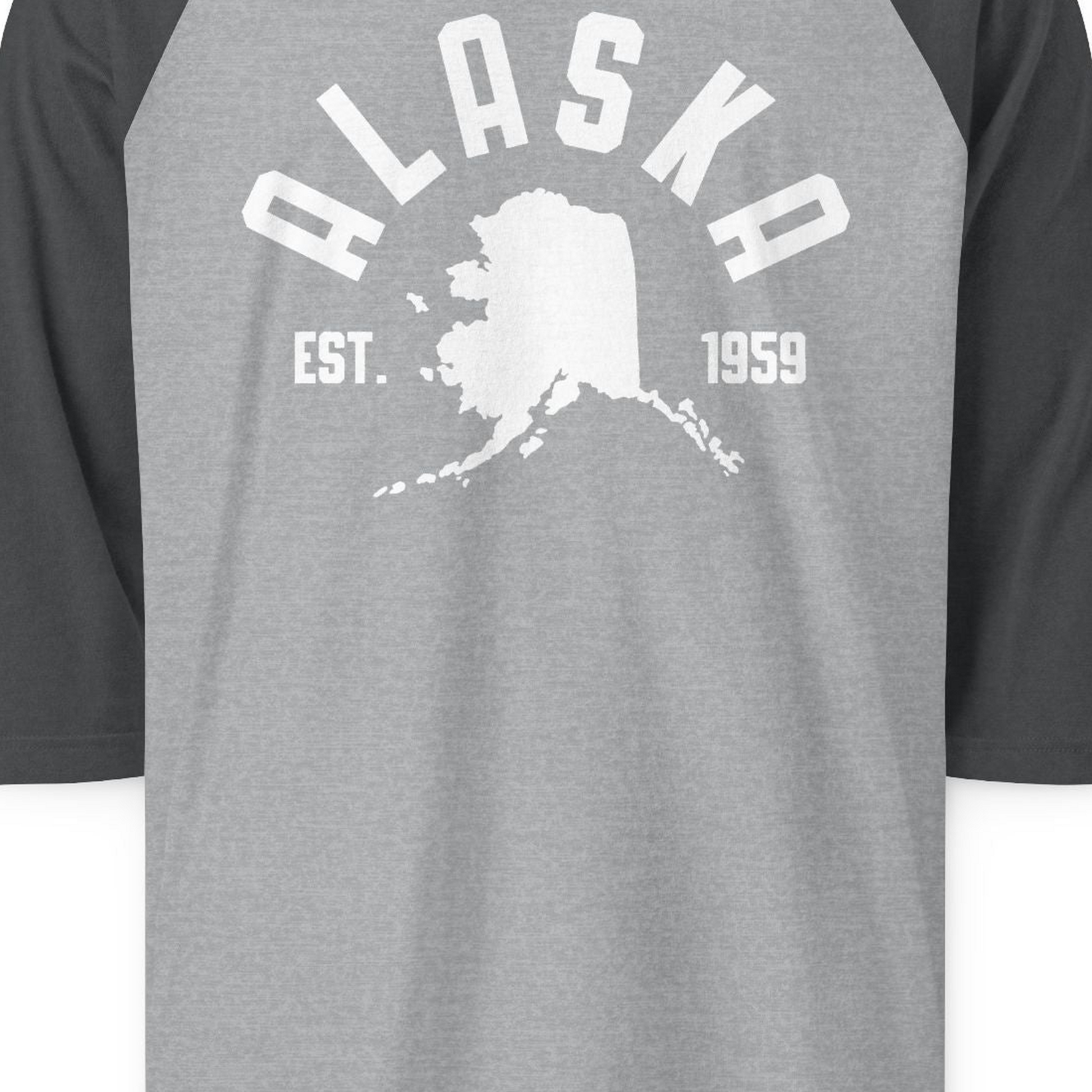 Vintage Alaska State Outline Est 1959 Retro Collegiate Shirt — 3/4 Sleeve 3/4 Sleeve Raglan Shirt – Heather Grey/Heather Charcoal – Alaska Cruise Shirts Close Up