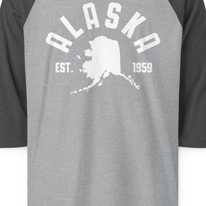 Vintage Alaska State Outline Est 1959 Retro Collegiate Shirt — 3/4 Sleeve 3/4 Sleeve Raglan Shirt – Heather Grey/Heather Charcoal – Alaska Cruise Shirts Close Up
